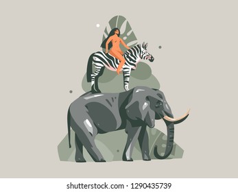 Hand drawn vector abstract cartoon modern graphic African Safari Nature concept collage illustrations art print with zebra,elephant animals and nude wild woman character isolated on pastel background