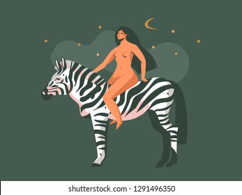 Hand drawn vector abstract cartoon modern graphic African Safari Nature concept collage illustrations art print with zebra animal and nude wild women character isolated on dark color background