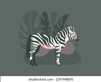 Hand drawn vector abstract cartoon modern graphic African Safari Nature concept collage illustrations art print with zebra animal in wild and tropical palm leaves isolated on dark color background