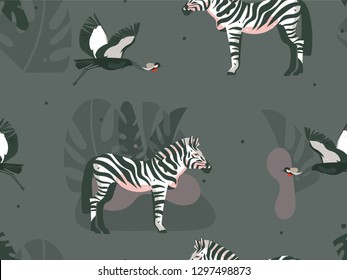 Hand drawn vector abstract cartoon modern graphic African Safari Nature concept collage illustrations art print with zebra animals and crane bird in wild outdoor isolated on dark color background