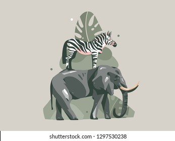 Hand drawn vector abstract cartoon modern graphic African Safari Nature concept collage illustrations print with zebra and elephant animals in wild and tropical palm leaves isolated color background