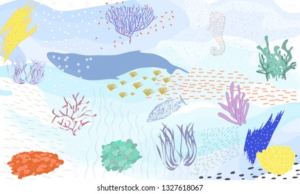 Hand drawn vector abstract cartoon graphic underwater world big illustrations collection set with coral reefs whale fishes seaweeds corals