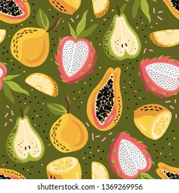 Hand drawn vector abstract cartoon summer fruits. Fun illustration seamless pattern with papaya, peach, mango, lime.