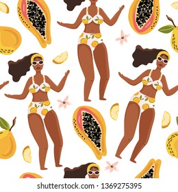Hand drawn vector abstract cartoon summer time. Fun illustration seamless pattern with palm girl, papaya, mango.