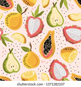 Hand drawn vector abstract cartoon summer fruits. Fun illustration seamless pattern with papaya, peach, mango, lime.