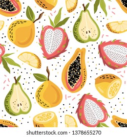 Hand drawn vector abstract cartoon summer fruits. Fun illustration seamless pattern with papaya, peach, mango, lime.