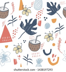 Hand drawn vector abstract cartoon summer time seamless pattern. Cartoon illustration, seamless pattern with coconut, palm leaves, flowers and pineapple.