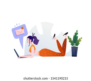 Hand drawn vector abstract cartoon modern graphic illustrations art with girl and laptop isolated on white background.