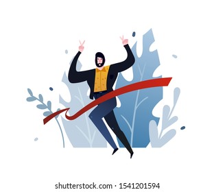 Hand drawn vector abstract cartoon modern graphic illustrations art with business man runs across the red ribbon and abstract leaves isolated on white background.