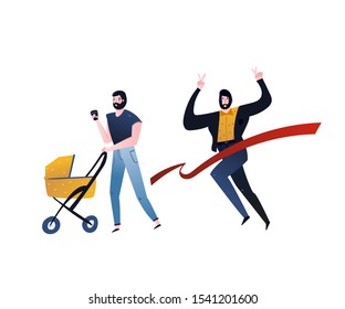Hand drawn vector abstract cartoon modern graphic illustrations art collection set with business man runs across the red ribbon and man with stroller