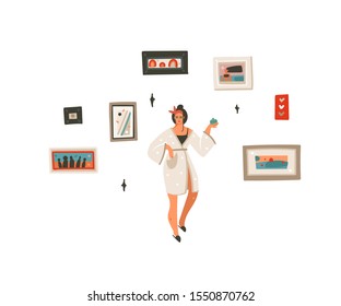 Hand drawn vector abstract cartoon modern graphic girl routine at home illustrations art with picture frames isolated on white background