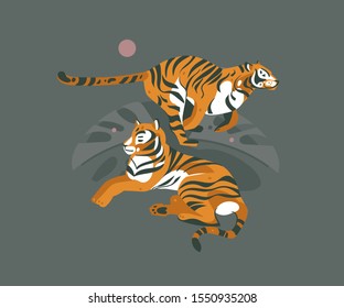 Hand drawn vector abstract cartoon modern graphic African Safari collage illustrations art with tigers