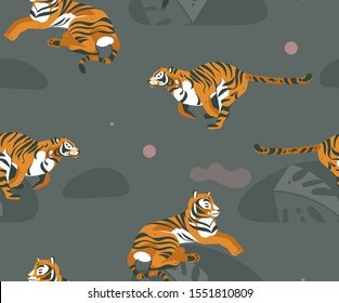 Hand drawn vector abstract cartoon modern graphic African Safari collage illustrations art seamless pattern with tigers and tropical palm leaves isolated on pastel color background