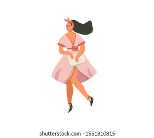 Hand drawn vector abstract cartoon modern graphic girl in dress with laptop illustration art isolated on white background