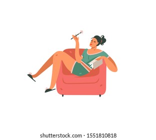 Hand drawn vector abstract cartoon modern graphic girl sitting in a chair illustration art isolated on white background