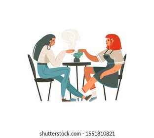 Hand drawn vector abstract cartoon modern graphic girls sitting in cafe and drinking coffee illustration art isolated on white background