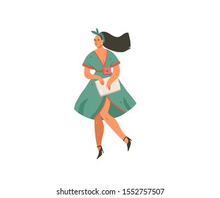 Hand drawn vector abstract cartoon modern graphic girl in dress with laptop illustration art isolated on white background