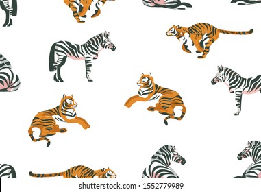 Hand drawn vector abstract cartoon modern graphic African Safari collage illustrations art seamless pattern with safari animals isolated on pastel color background