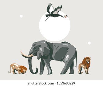 Hand drawn vector abstract cartoon modern graphic African Safari collage illustrations art banner with safari animals isolated on pastel color background