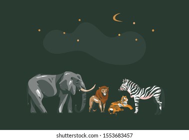 Hand drawn vector abstract cartoon modern graphic African Safari collage illustrations art banner with safari animals isolated on black color background