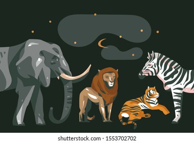 Hand drawn vector abstract cartoon modern graphic African Safari collage illustrations art banner with safari animals isolated on black color background