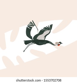Hand drawn vector abstract cartoon modern graphic African Safari Nature concept illustrations art with flying Crane bird isolated on pastel color background