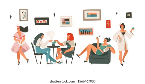 Hand drawn vector abstract cartoon modern graphic illustration art collection bundle set with girl characters isolated on white background
