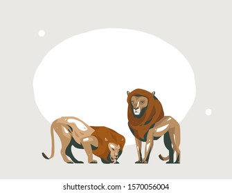 Hand drawn vector abstract cartoon modern graphic African Safari collage illustrations art banner with safari animals isolated on pastel color background