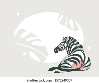 Hand drawn vector abstract cartoon modern graphic African Safari collage illustrations art banner with safari animals isolated on pastel color background