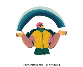 Hand drawn vector abstract cartoon modern graphic outdoor winter girl and snow rainbow illustration art isolated on white background