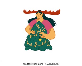Hand drawn vector abstract cartoon modern graphic girl and Christmas tree illustration art isolated on white background