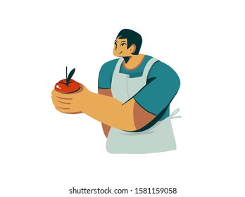 Hand drawn vector abstract cartoon modern graphic salesman character design sells fresh organic home apple illustration art isolated on white background