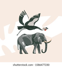 Hand drawn vector abstract cartoon modern graphic African Safari collage illustrations art banner with safari animals isolated on pastel color background