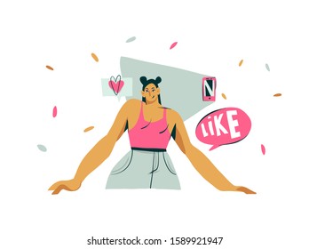 Hand drawn vector abstract cartoon modern graphic influencer girl character illustration art isolated on white background