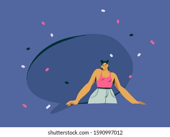 Hand drawn vector abstract cartoon modern graphic influencer girl character illustration art with copy space speech bubble isolated on color background