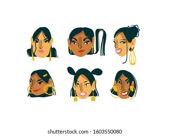 Hand drawn vector abstract cartoon modern graphic girls characters collection set bundle with gold jewelry illustration art isolated on white background