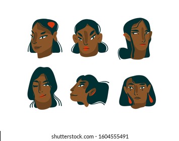 Hand drawn vector abstract cartoon modern graphic black girls characters collection set bundle illustration art isolated on white background