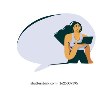 Hand drawn vector abstract cartoon flat stock modern graphic influencer girl with laptop illustration art and speech bubble isolated on white background