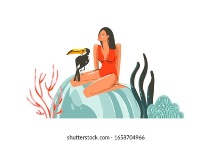 Hand drawn vector abstract cartoon summer time graphic illustrations art template sign background with girl,toucan bird on beach isolated on white background