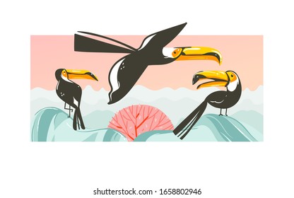 Hand drawn vector abstract cartoon summer time graphic illustrations art with beach sunset scene and tropical toucan birds with copy space place for your text isolated on white background