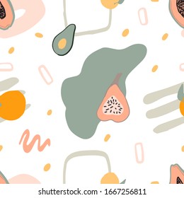Handgezeichnete abstrakte Vektorillustration Cartoon Sommerfrüchte. Lustige Illustration nahtloses Muster mit Papaya, Pfirsich, Avocado, Feigen. Wall-Kunst, Grußkarte, Social-Media-Post, Verpackungspapierdesign. 