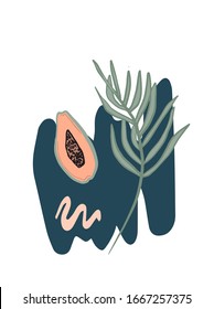 Dibujo manual vectorial de caricaturas abstractas de frutas de verano. Ilustración divertida con formas abstractas, figuras geométricas, papaya, planta.