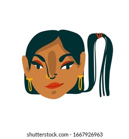 Abstrakter handgezeichneter abstrakter Cartoon auf flachminimalistischem, modernem Grafikmädchen, Avatar-Portraitchartraitchartrait mit Ohrringen, Stockgrafik einzeln auf weißem Hintergrund