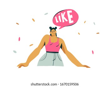 Hand drawn vector abstract cartoon modern graphic influencer girl character with speech bubble and likes illustration art isolated on white background