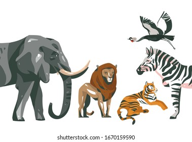 Hand drawn vector abstract cartoon modern graphic African Safari collage illustrations art banner with safari animals isolated on white color background