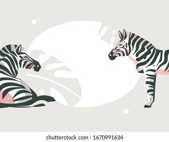 Hand drawn vector abstract cartoon modern graphic African Safari collage illustrations art banner with safari animals isolated on pastel color background