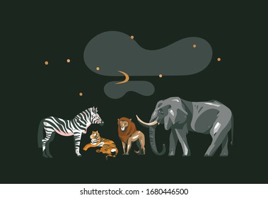 Hand drawn vector abstract cartoon modern graphic African Safari collage illustrations art banner with safari animals isolated on dark color background
