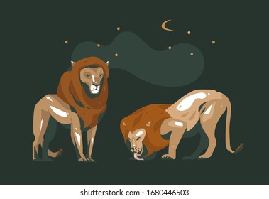 Hand drawn vector abstract cartoon modern graphic African Safari collage illustrations art banner with safari animals isolated on dark color background
