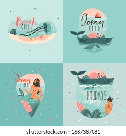 Hand drawn vector abstract cartoon summer time fun cards collection set template with happy swimming mermaids and whales in blue ocean water and typography quote isolated on white background
