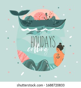 Hand drawn vector abstract cartoon summer time card template with mermaid and whale in blue ocean water and typography quote isolated on colour background